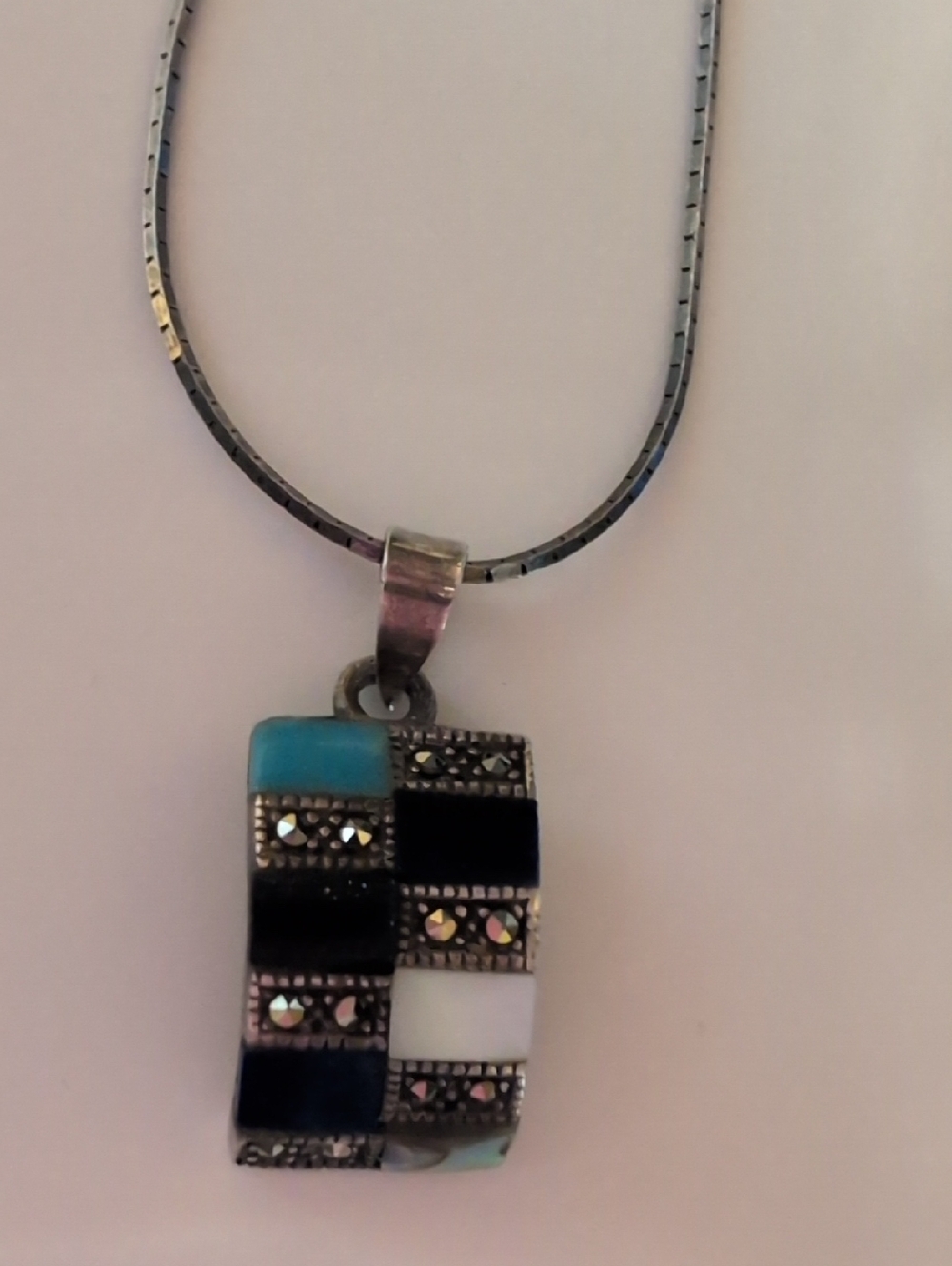 Sterling Silver 18" Necklace Multi Stone Pendant Lapis MOP Abalone Marcasite